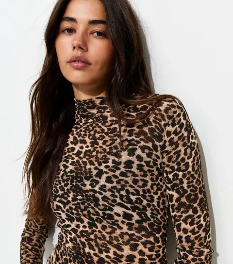 Women's Brown Mesh Jersey Leopard Print Long Sleeve High Neck Top