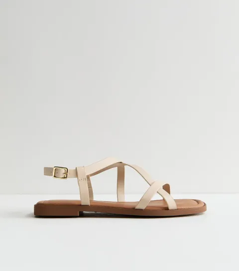 Women's Wide Fit Off White Faux Leather Multi Strap Sandals Vegan