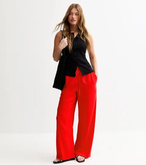 New Look Women's Bright Red Linen Blend Drawstring Waist Trousers