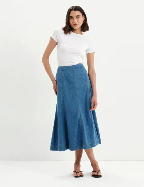 Denim Midi A-Line Skirt Mid Blue