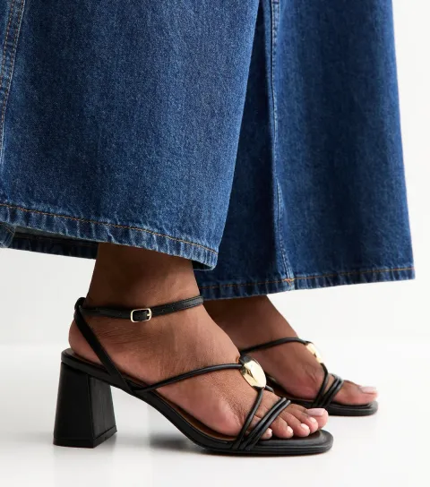 New Look Women's Black Strappy Metallic Detail Block Heel Sandals Vegan