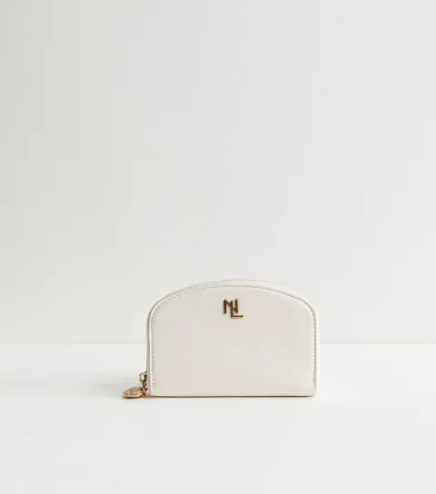 White Faux Leather Shell Zip Logo Purse