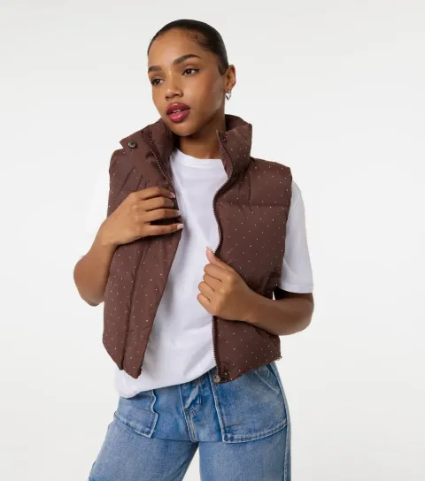 Women's Dark Brown Embellished Puffer Gilet