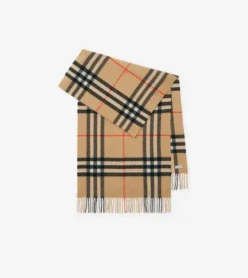Wide Check Cashmere Scarf in Sand beige