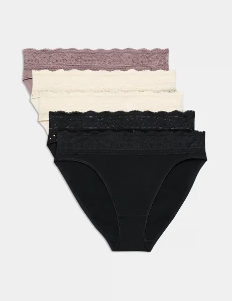 Marks & Spencer 5pk Cotton Lycra High Leg & Lace Knickers Praline