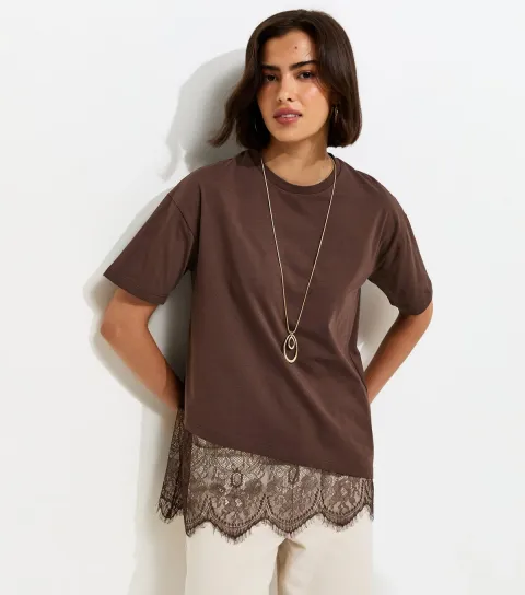 Women's Dark Brown Cotton Scalloped Lace T-Shirt