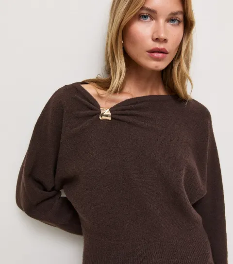 New Look Women's Dark Brown Brooch Detail Slashed Neck Top