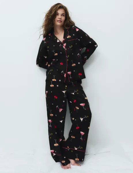Marks & Spencer Pure Cotton Sateen Cocktail Print Pyjama Set Black Mix