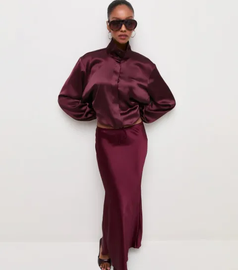 New Look Women's Dark Burgundy Satin Funnel Neck Shirt
