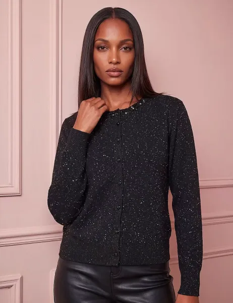 Roman Sequin Crew Neck Cardigan Black Mix