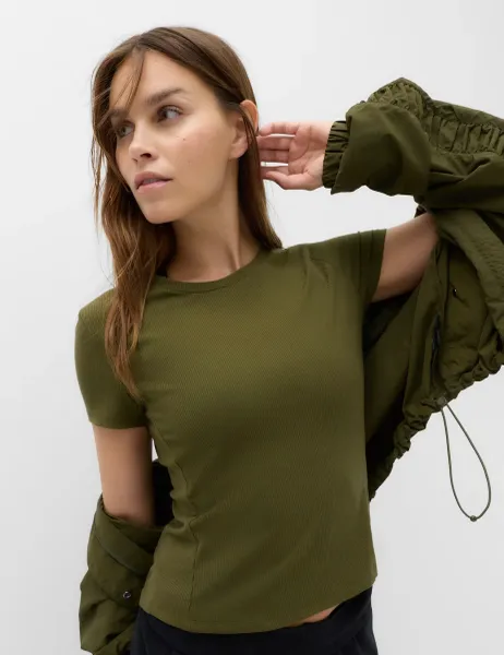 Goodmove Modal Rich Rib Round Neck Fitted T-Shirt Dark Khaki