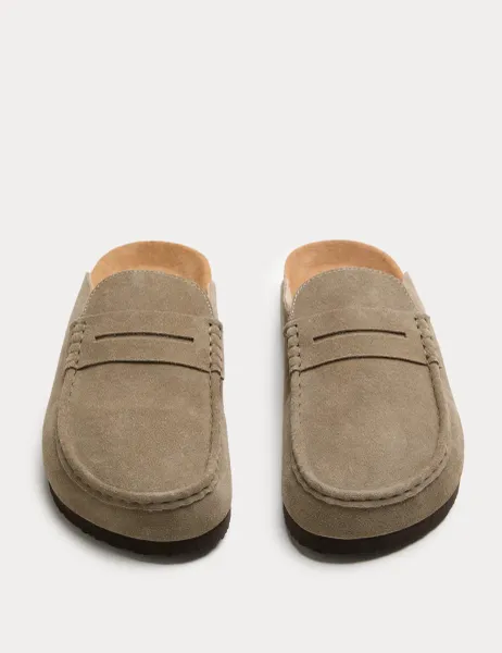 Marks & Spencer Suede Saddle Loafer Corkbed Mules Taupe