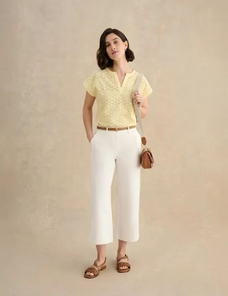 Hobbs Cotton Blend Broderie Notch Neck Top Yellow