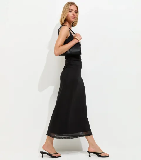 Women's Black Square Neck Mesh Midi Dress