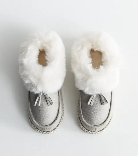 Women's Grey Faux Suede Stitch Trim Faux Fur Lined Slipper Boots Vegan
