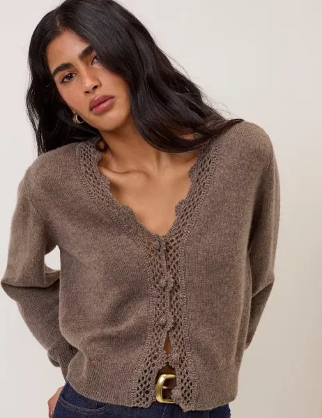 Nobody's Child Wool Blend Embellished V-Neck Cardigan Brown