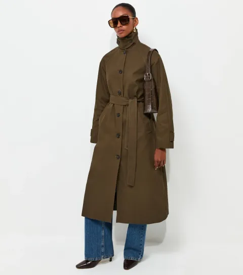 Women's Dark Khaki Cotton Funnel Neck Car Coat