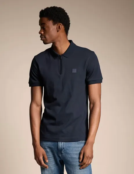 Boss Slim Fit Cotton Rich Zip Polo Shirt Navy