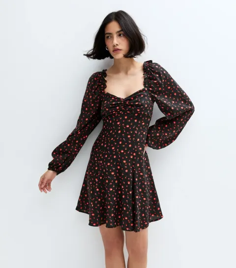 Women's Black Floral Print Sweetheart Neck Mini Dress
