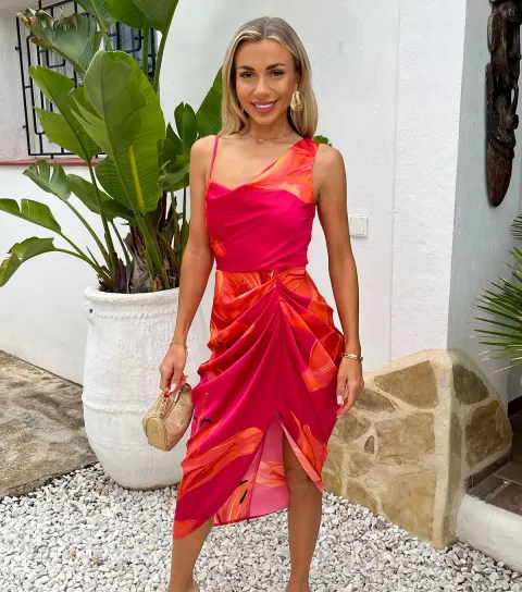 Women's Pink Floral Strap Detail Midi Dress