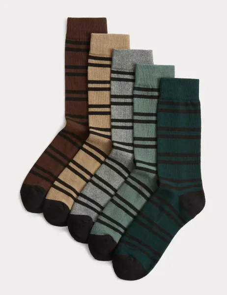 Marks & Spencer 5 Pack Cool & Fresh Striped Cotton Rich Cushioned Socks Multi