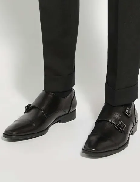 Dune London Wide Fit Leather Double Monk Strap Shoes Black