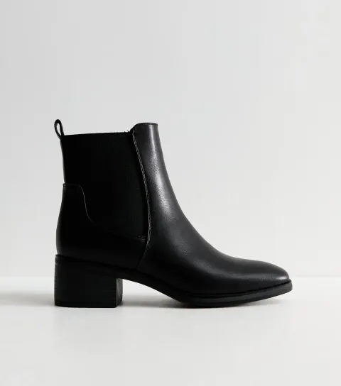 New Look Women's Black Faux Leather Chisel Toe Low Heel Chelsea Ankle Boots Vegan