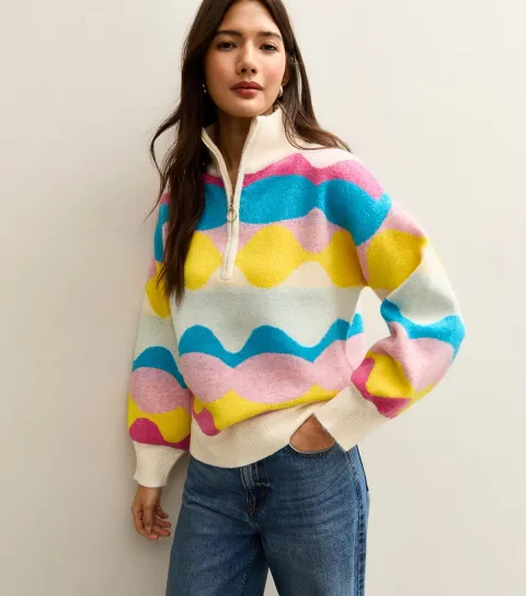 Women's Multicoloured Patterned Half Zip Jumper