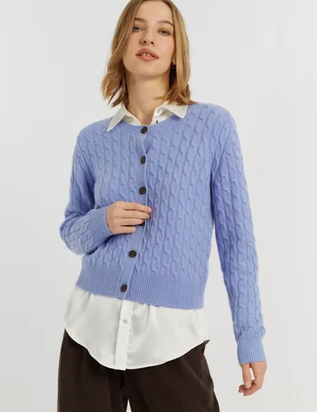 Pure Cashmere Cable Knit Crew Neck Cardigan Blue