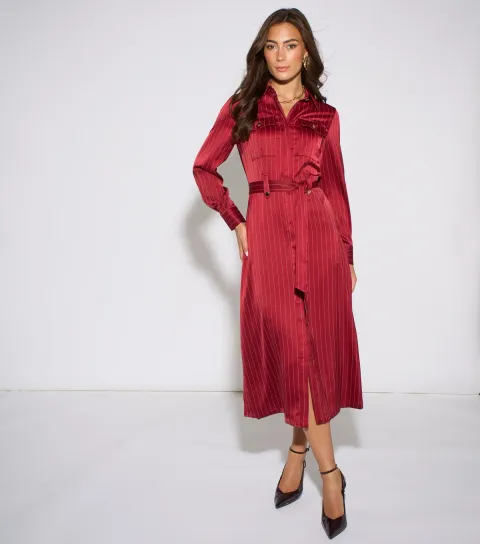 Women's Dark Red Satin Utility Belted Shirt Dress