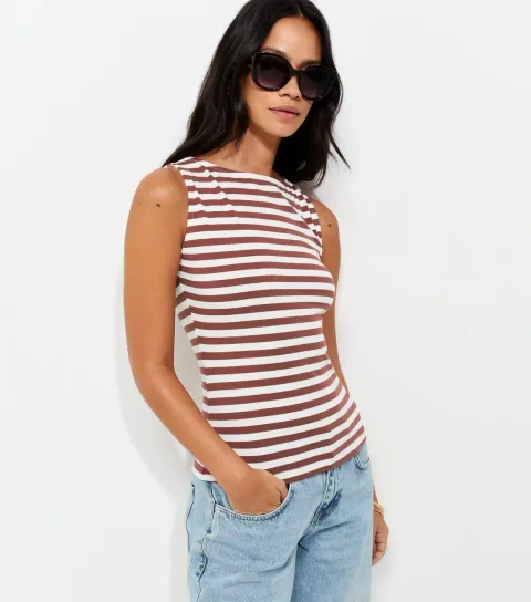 Women's Red Cotton Rich Striped Slash Neck Tank Top