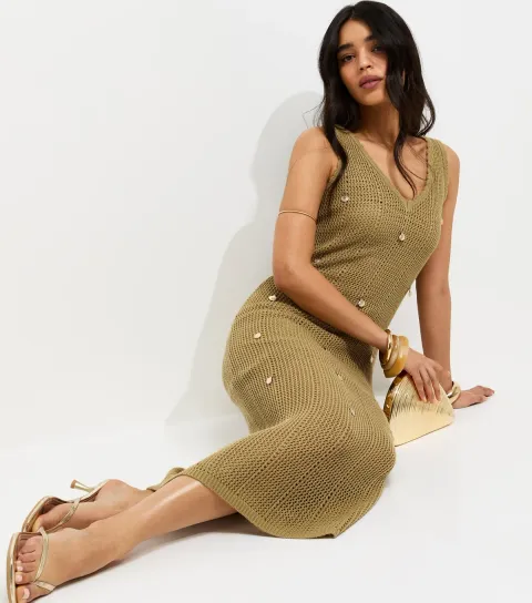 Women's Green Stitchy Crochet Shell Applique Dress
