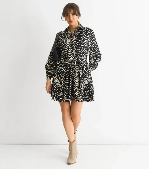 Women's Black Zebra Print Belted Mini Shirt Dress