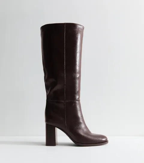 New Look Women's Dark Burgundy Faux Leather Pull On Stacked Heel Knee High Boots