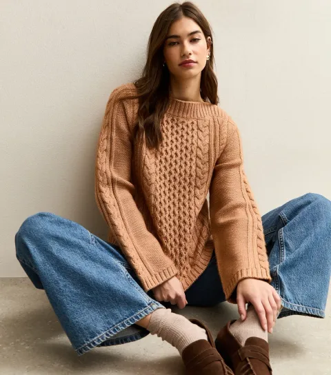 Women's Camel Cable Knit Wide Sleeve Jumper