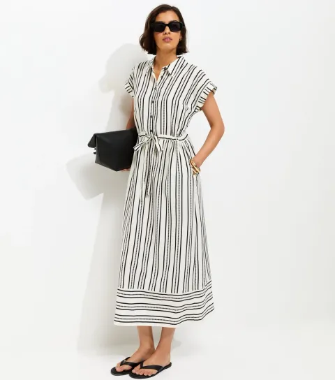 Women's Cream Striped Striped Midi Shirt Dress