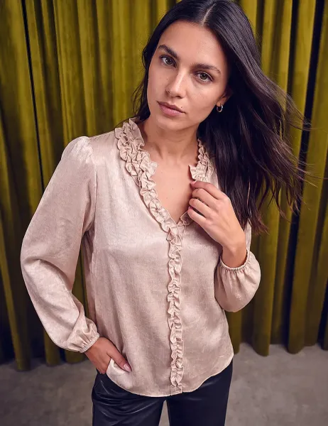Satin Frill Detail V Neck Top Cream