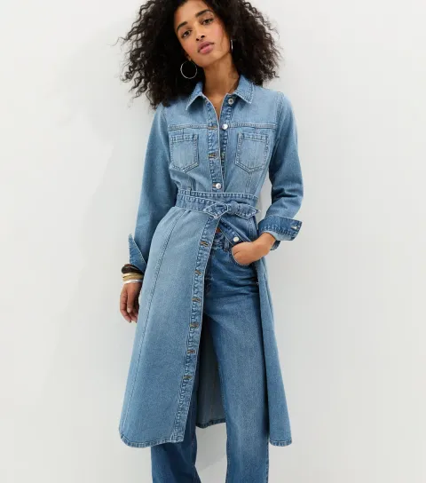 Women's Light Blue Denim Long Sleeve Shirt Midi Dress