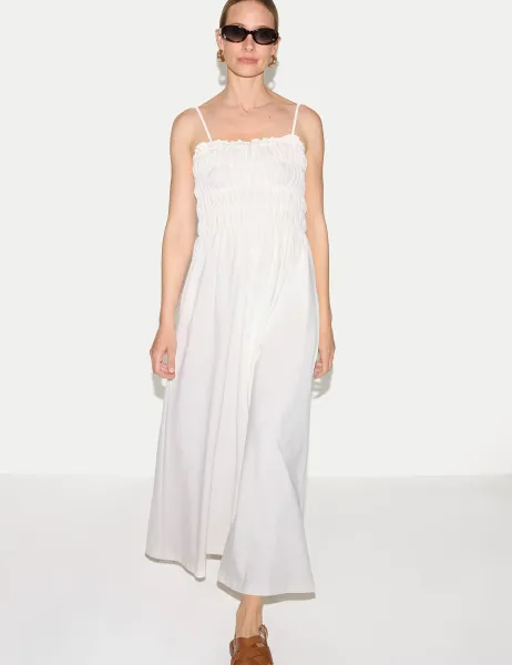 Jigsaw Cotton Rich Pique Strappy Maxi Shirred Dress White