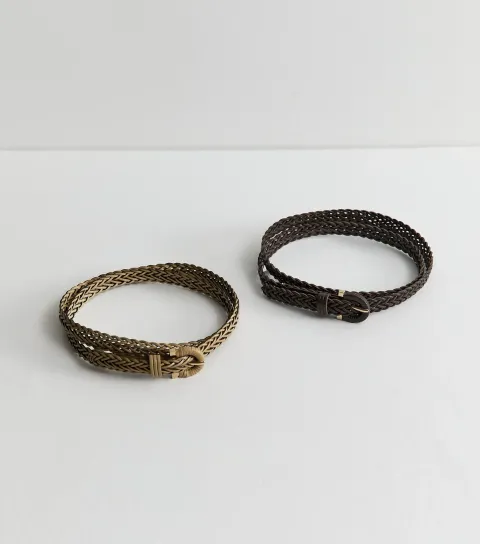 Mink Pack of 2 Faux Leather Plaited Skinny Belts