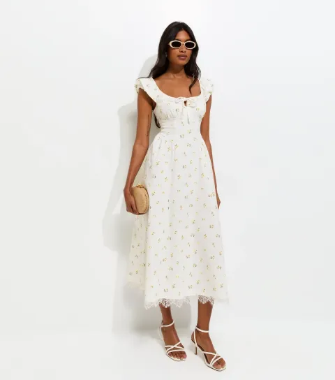 Women's Cream Rose Print Milkmaid Midi Dress