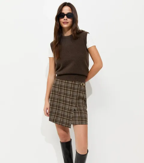 Women's Brown Check Wrap Mini Skort
