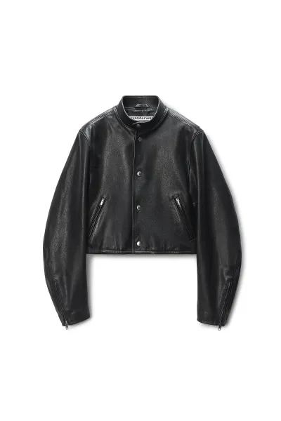 Black Glossy Leather Cropped Moto Jacket