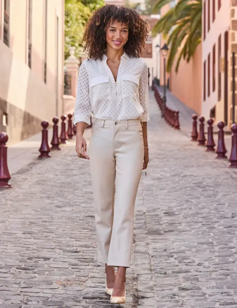 SOSANDAR Faux Leather Straight Leg Trousers Ecru