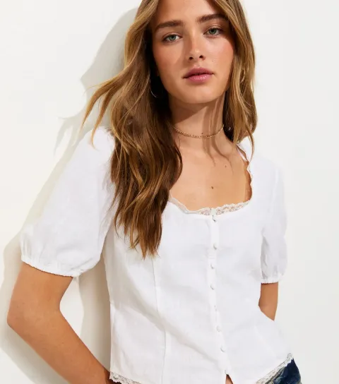 Women's White Linen Rich Lace Scoop Neck Short Sleeve Blouse