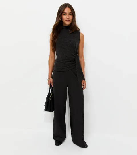 Women's Petite Black Jersey Wide Leg Trousers