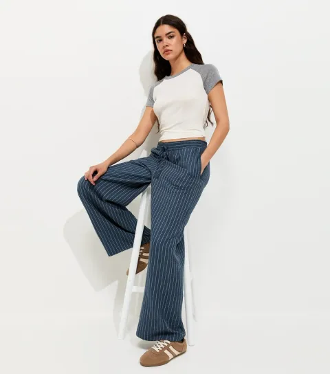 New Look Women's Dark Blue Woven Striped Wide Leg Trousers