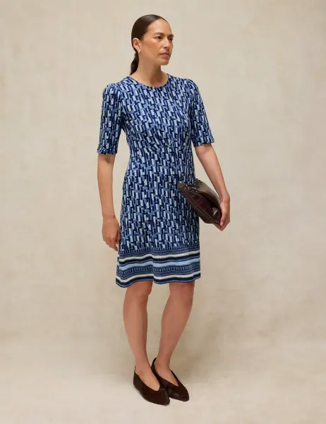 White Stuff Cotton Rich Jersey Printed Waisted Dress Blue Mix