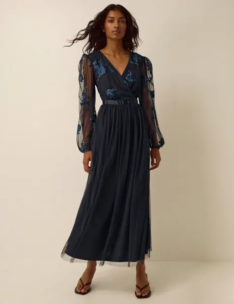 Monsoon Floral Embroidered Mesh Maxi Tea Dress Navy Mix