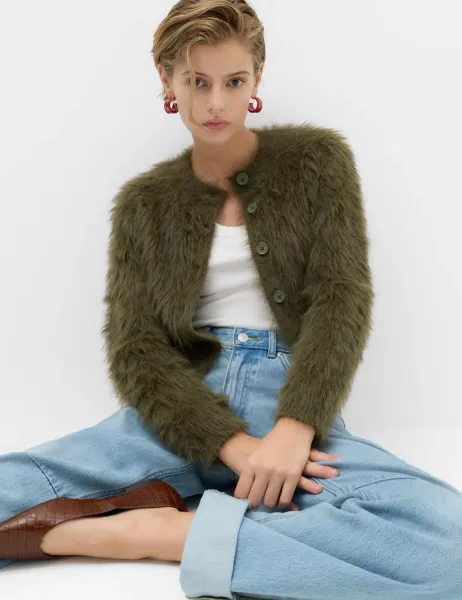 Marks & Spencer Textured Button Front Slim Cropped Cardigan Dark Olive